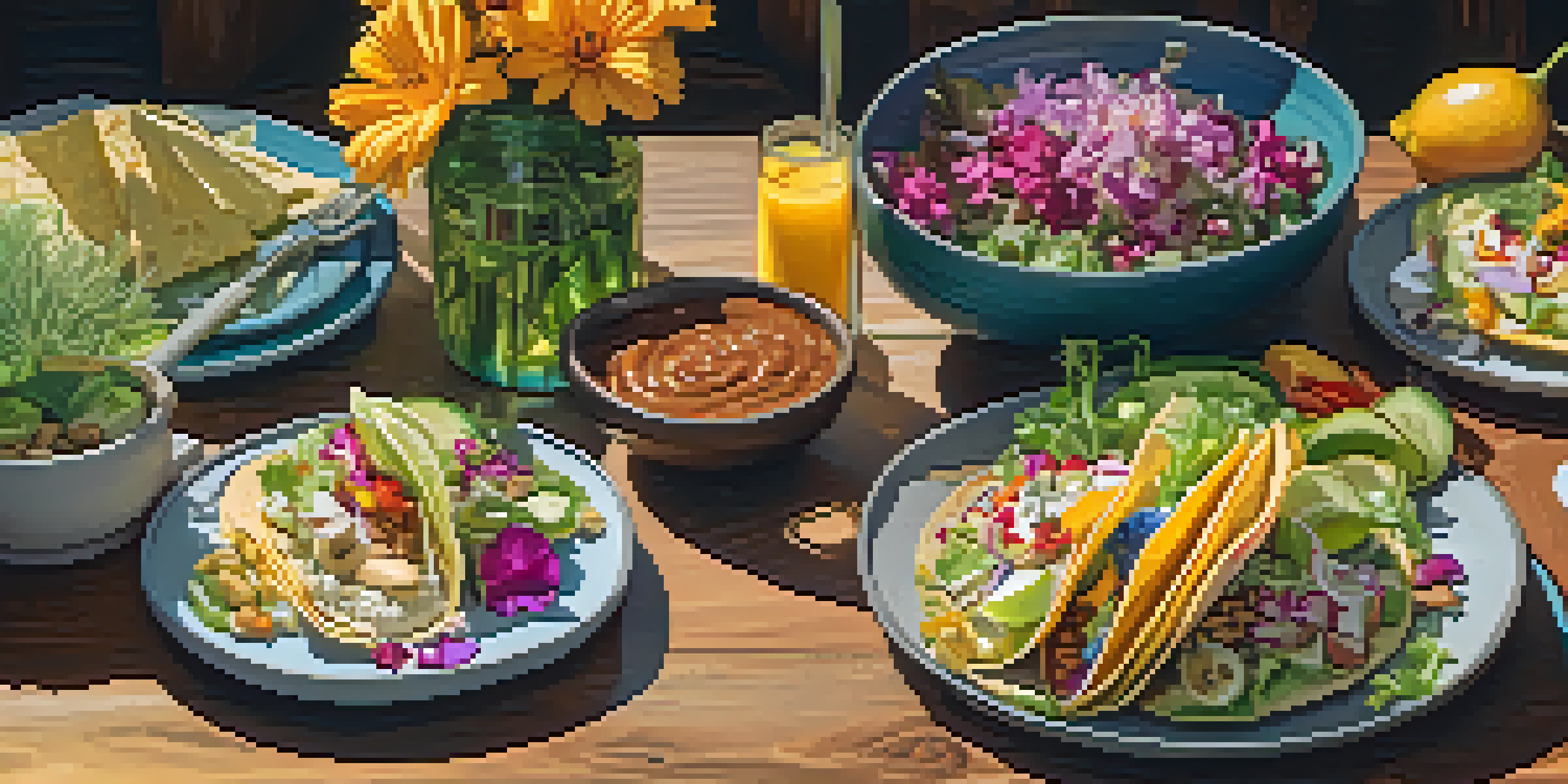 A colorful plant-based meal displayed on a wooden table with tacos, cheese, and salad, illuminated by warm sunlight.