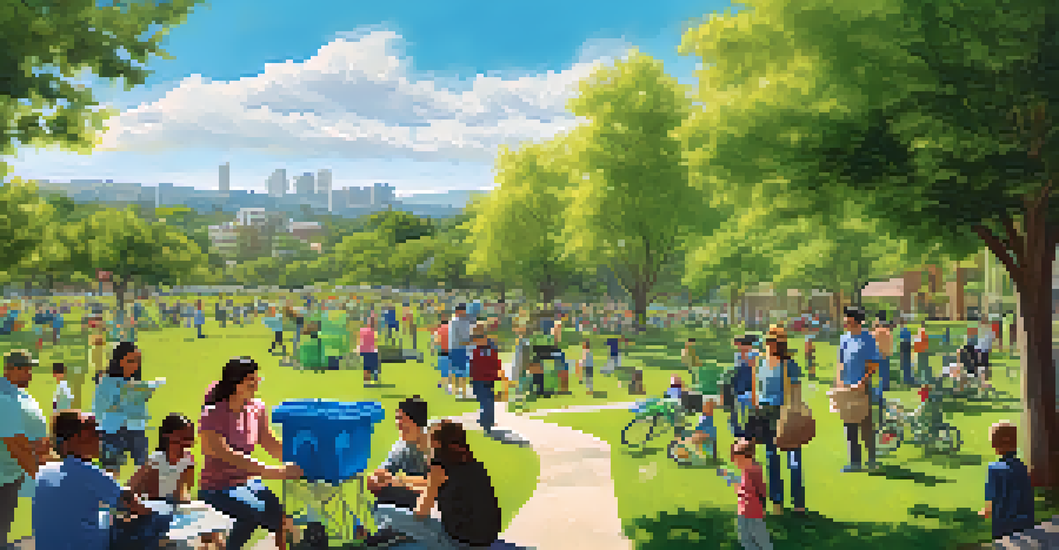 A colorful park scene on Earth Day with community members participating in a clean-up, surrounded by recycling bins and banners.