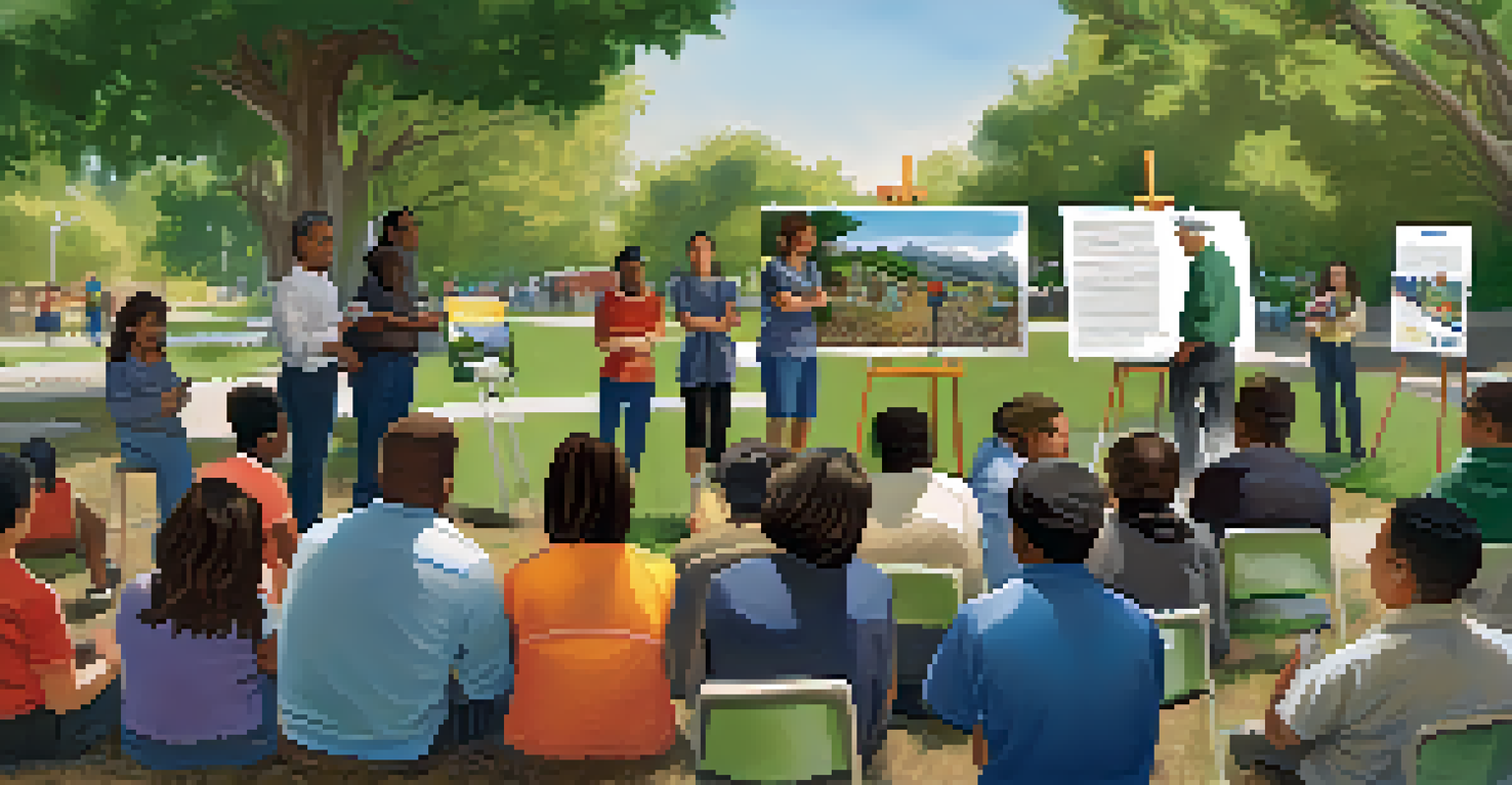 A community workshop in a park, with residents learning about disaster preparedness and safety.