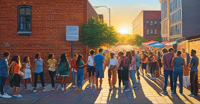 A lively street art scene with people admiring colorful murals during an art walk at sunset.
