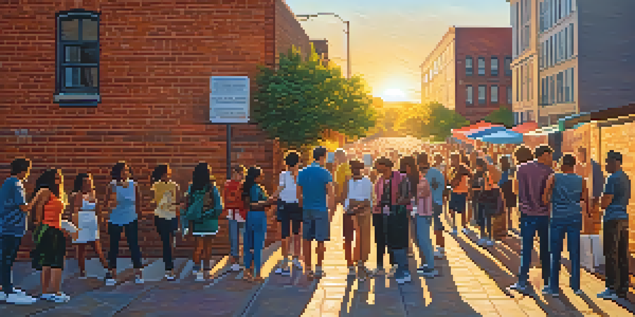 A lively street art scene with people admiring colorful murals during an art walk at sunset.