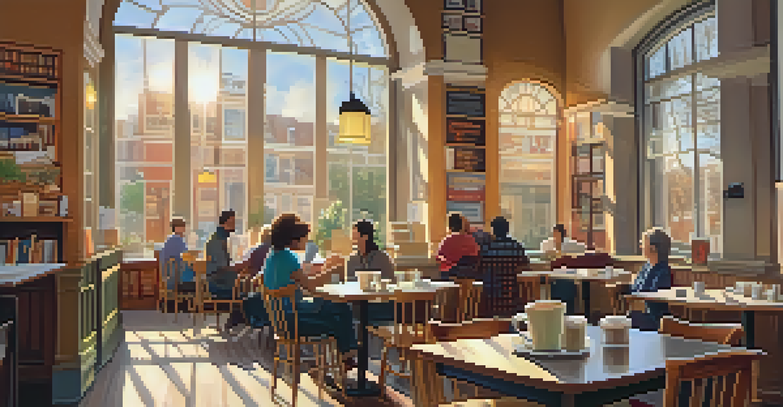 A local author chatting with readers in a cozy coffee shop, with books and coffee on the table.