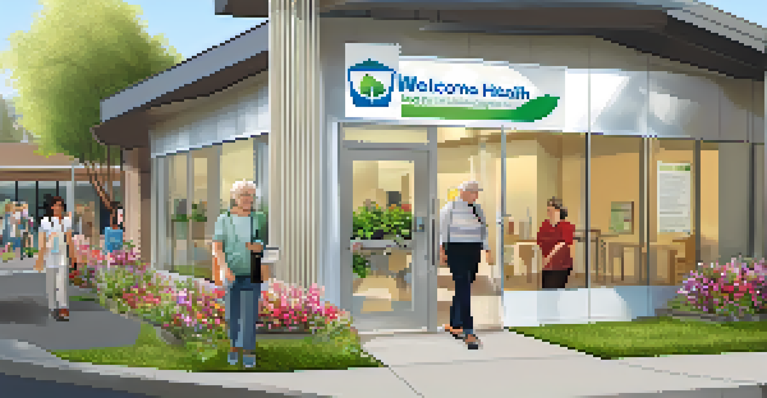 A community health center with a welcoming entrance, surrounded by flowers, where seniors are walking towards the building.