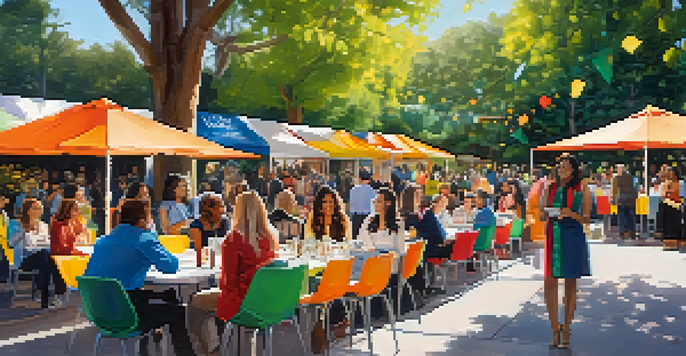 A lively outdoor networking event with diverse women entrepreneurs discussing and showcasing their businesses under sunlight.