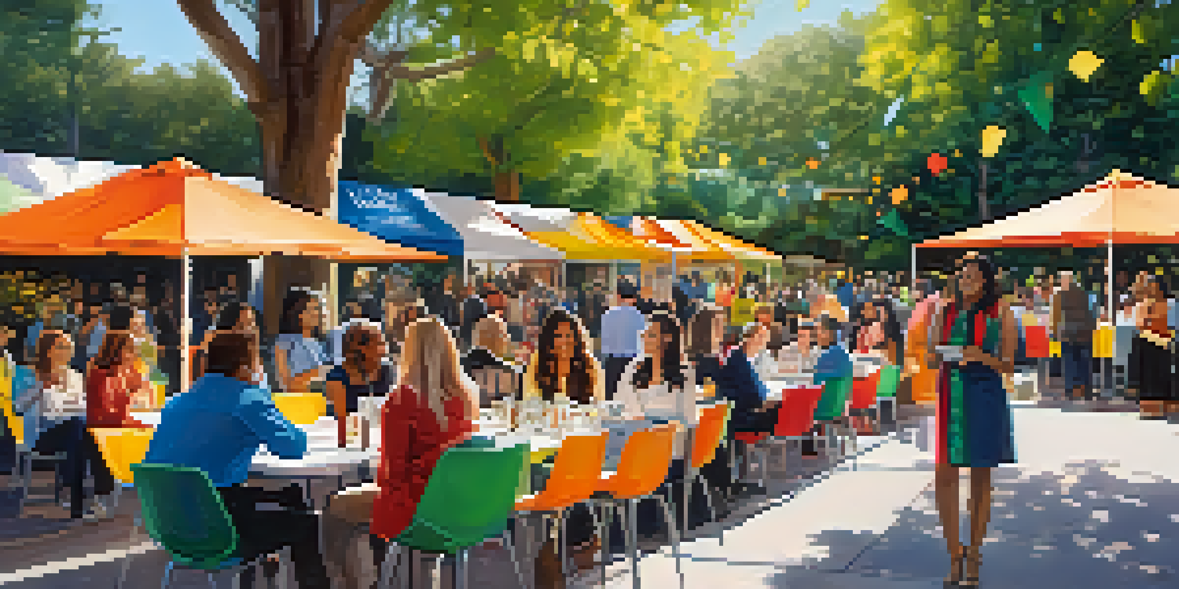 A lively outdoor networking event with diverse women entrepreneurs discussing and showcasing their businesses under sunlight.