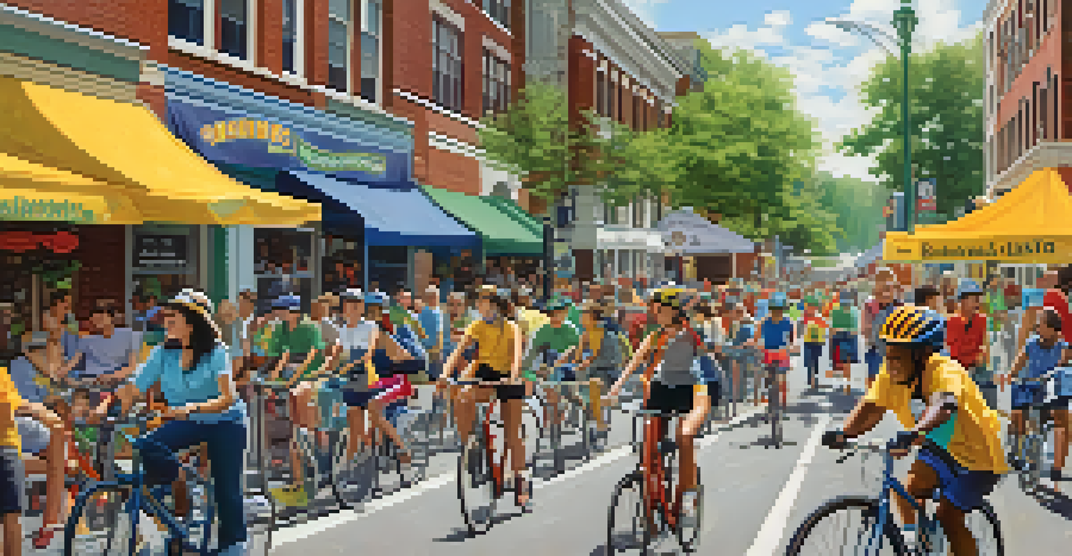 A vibrant community event with people biking and informational booths promoting biking and walking.