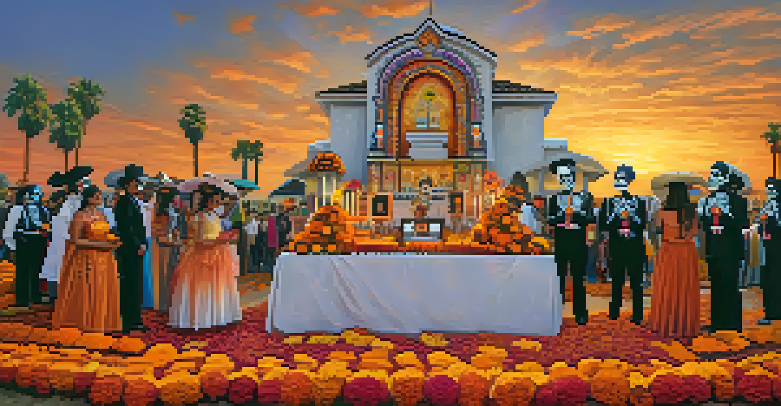A Dia de los Muertos altar with marigolds and sugar skulls, complemented by a colorful parade in the background.