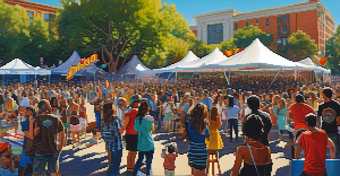 A lively outdoor music festival in San Jose with diverse musicians on stage and an enthusiastic crowd enjoying the performance.