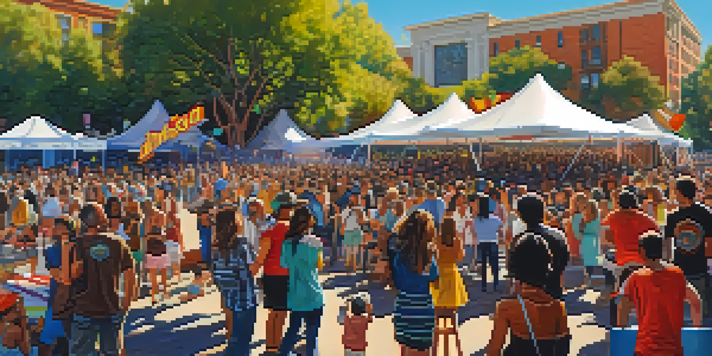 A lively outdoor music festival in San Jose with diverse musicians on stage and an enthusiastic crowd enjoying the performance.