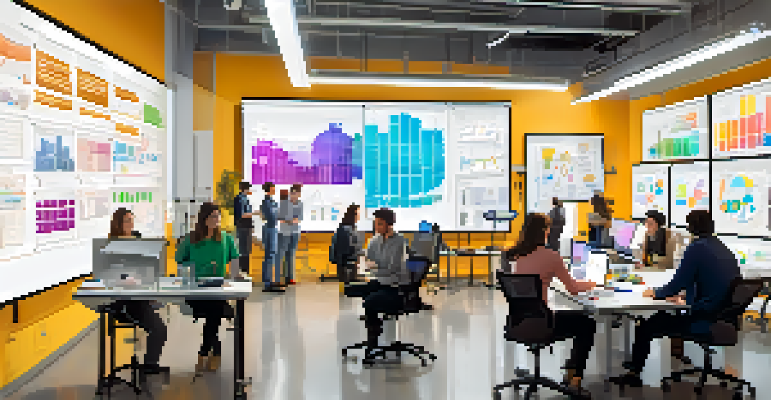 A university lab where students and local business representatives collaborate on research projects, surrounded by high-tech equipment and colorful charts.