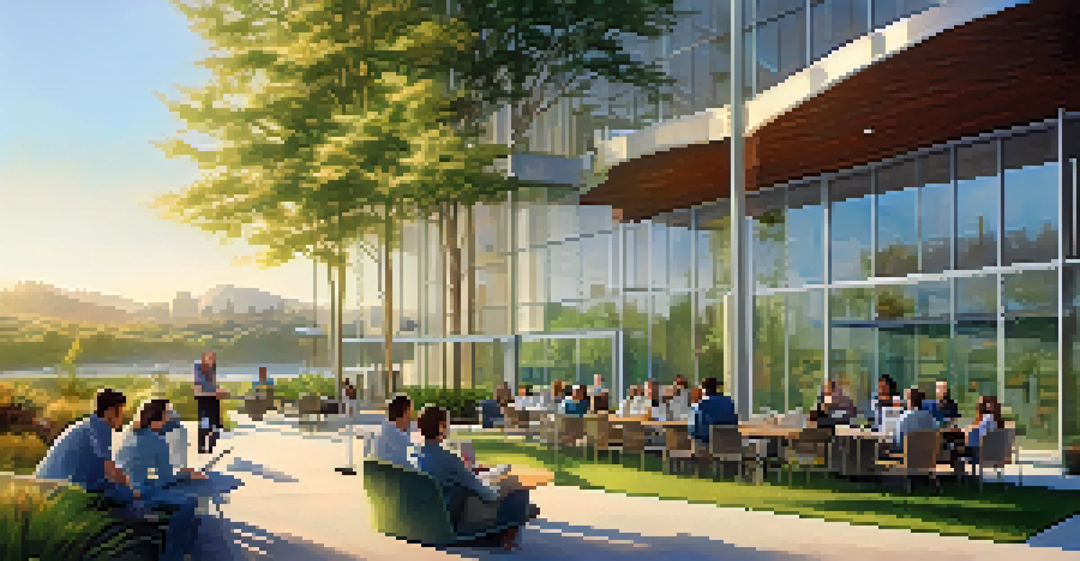 Researchers engaged in conversation about biotechnology innovations in a modern outdoor setting at the San Jose BioCenter.