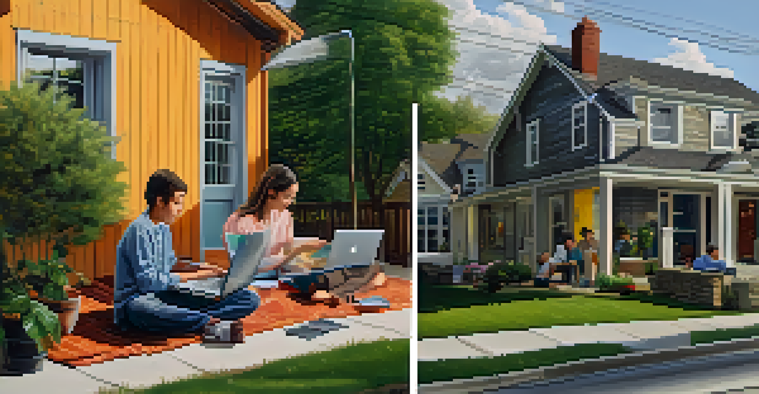 A comparison image showing a rural family with slow internet on one side and an urban family with high-speed internet on the other.