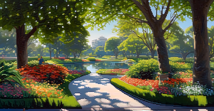 A peaceful urban park with green trees, colorful flowers, a pond, and birds, bathed in sunlight.