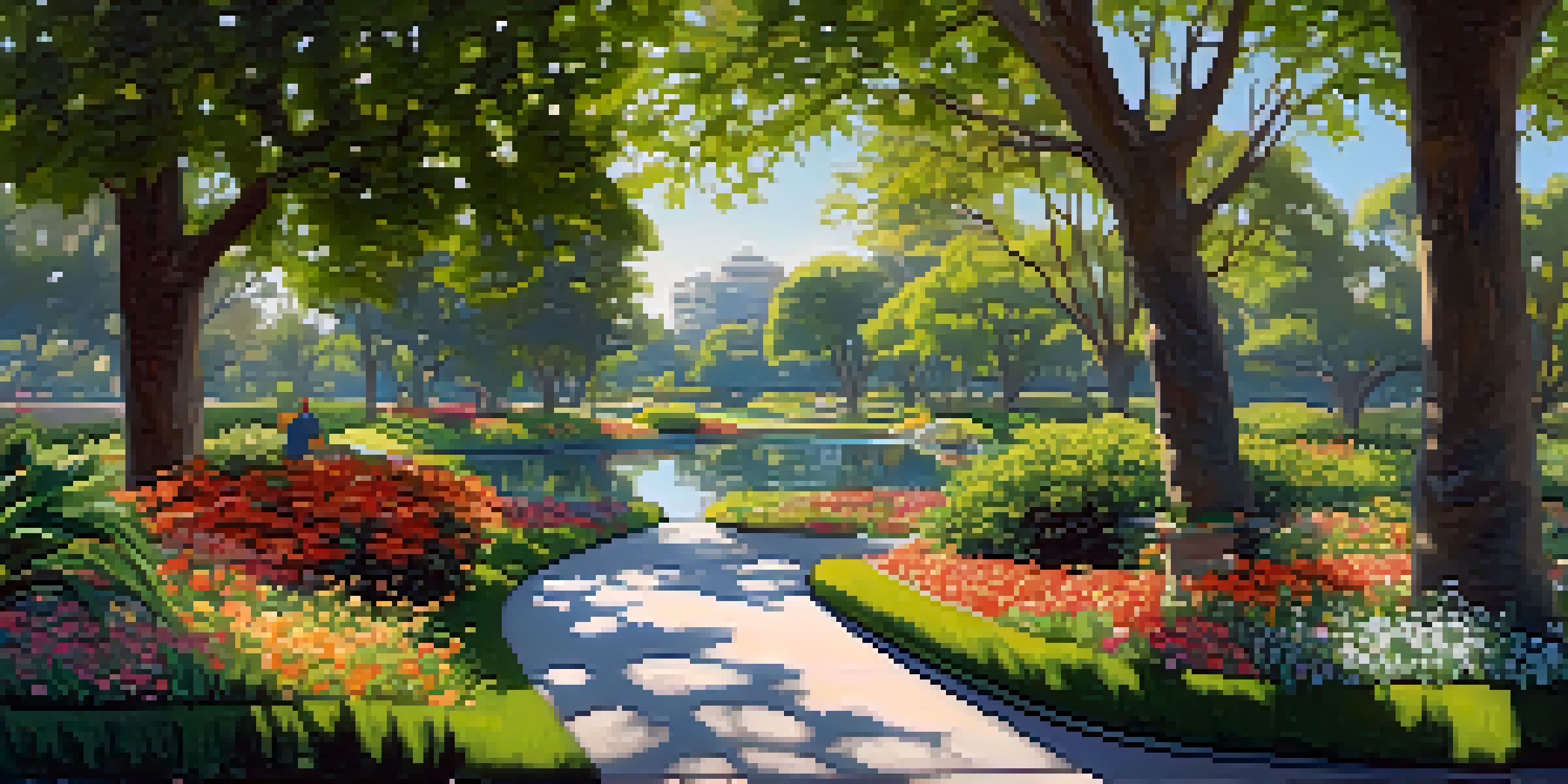 A peaceful urban park with green trees, colorful flowers, a pond, and birds, bathed in sunlight.