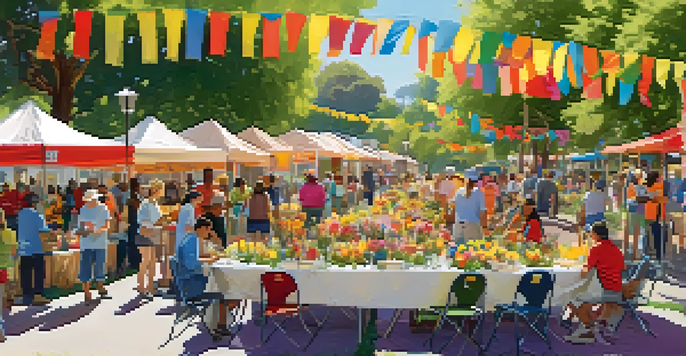 A lively community volunteer event in a park with diverse people setting up for a festival, surrounded by flowers and colorful decorations.
