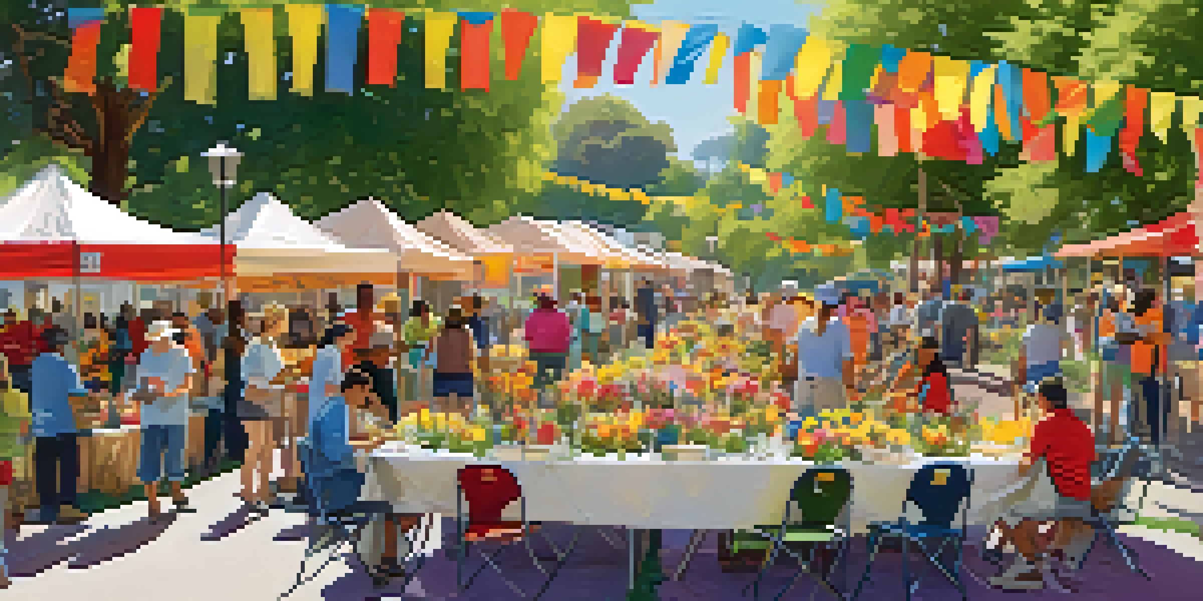 A lively community volunteer event in a park with diverse people setting up for a festival, surrounded by flowers and colorful decorations.