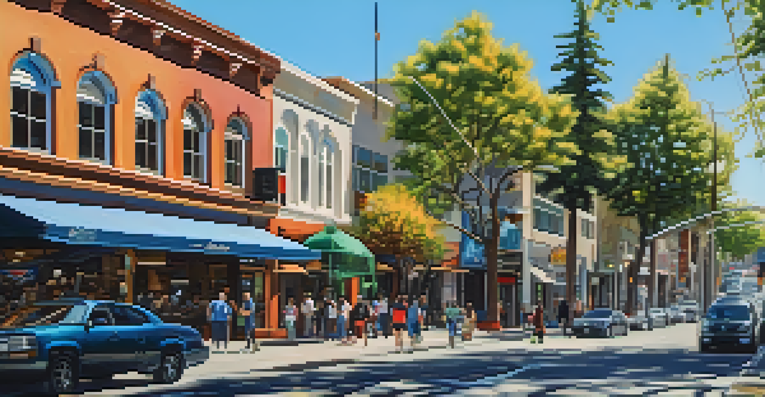 A busy urban street scene in San Jose showcasing local shops, pedestrians, and vibrant street art.