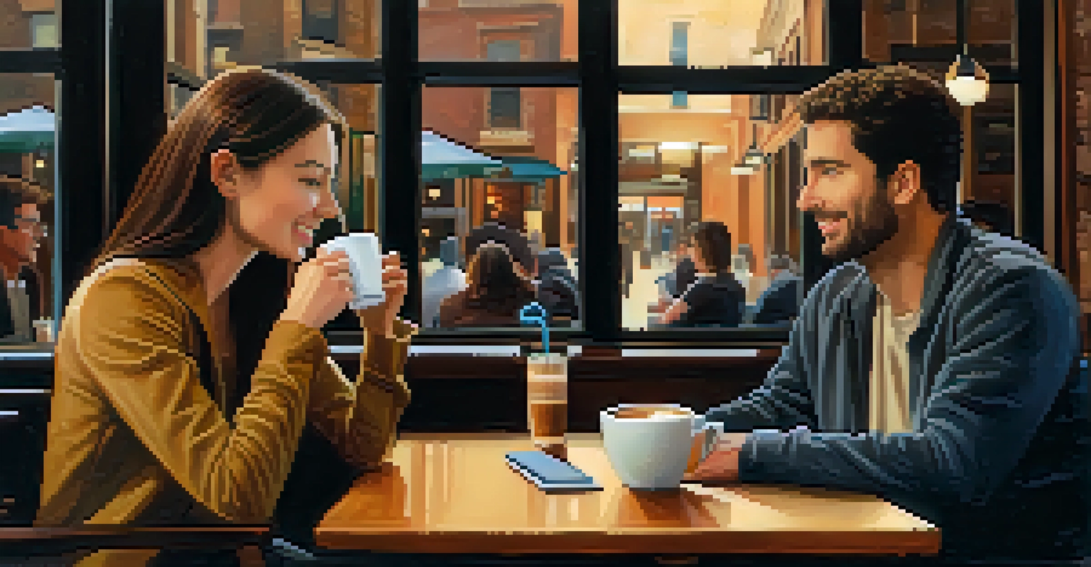 A student and a mentor having a conversation in a cozy coffee shop, surrounded by warm lighting and wooden decor.
