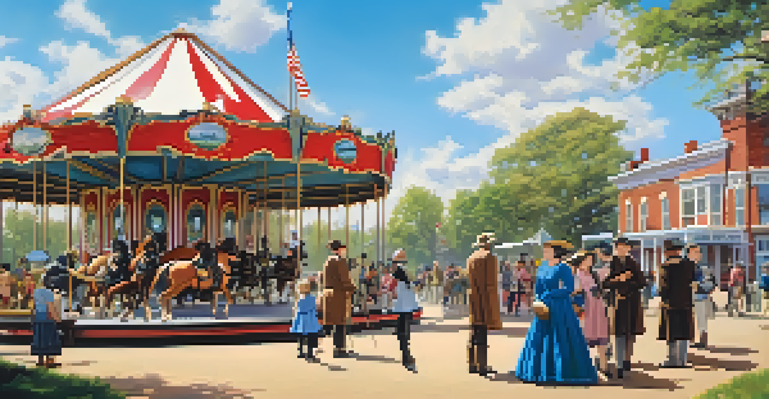 A lively image of families at History Park exploring historic buildings with costumed interpreters and a carousel, set against a clear blue sky.