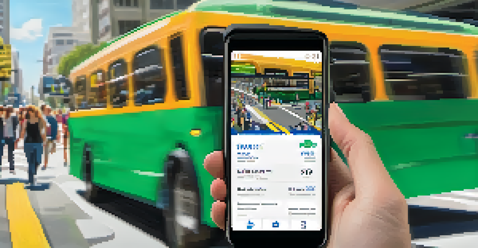 A close-up of a smartphone displaying a transit app with real-time bus schedules against a busy San Jose street.