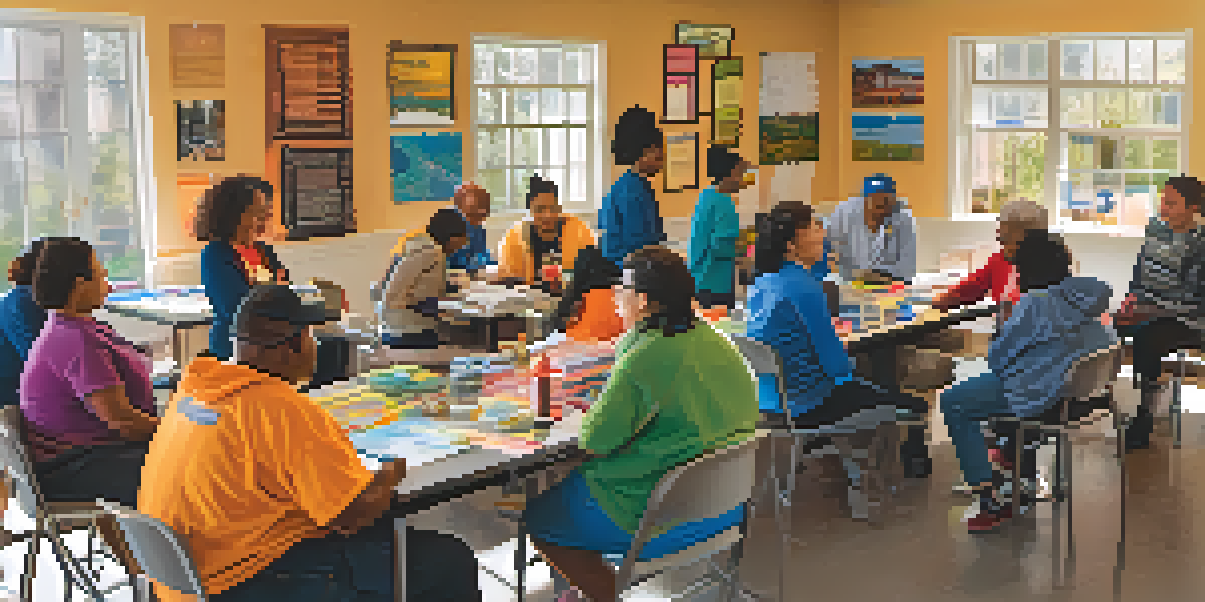 A diverse group of residents participating in a disaster preparedness workshop in San Jose, with educational materials and emergency supplies on display.