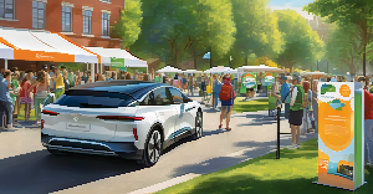 A community event in a park with people exploring different electric vehicles and informational booths promoting sustainability.