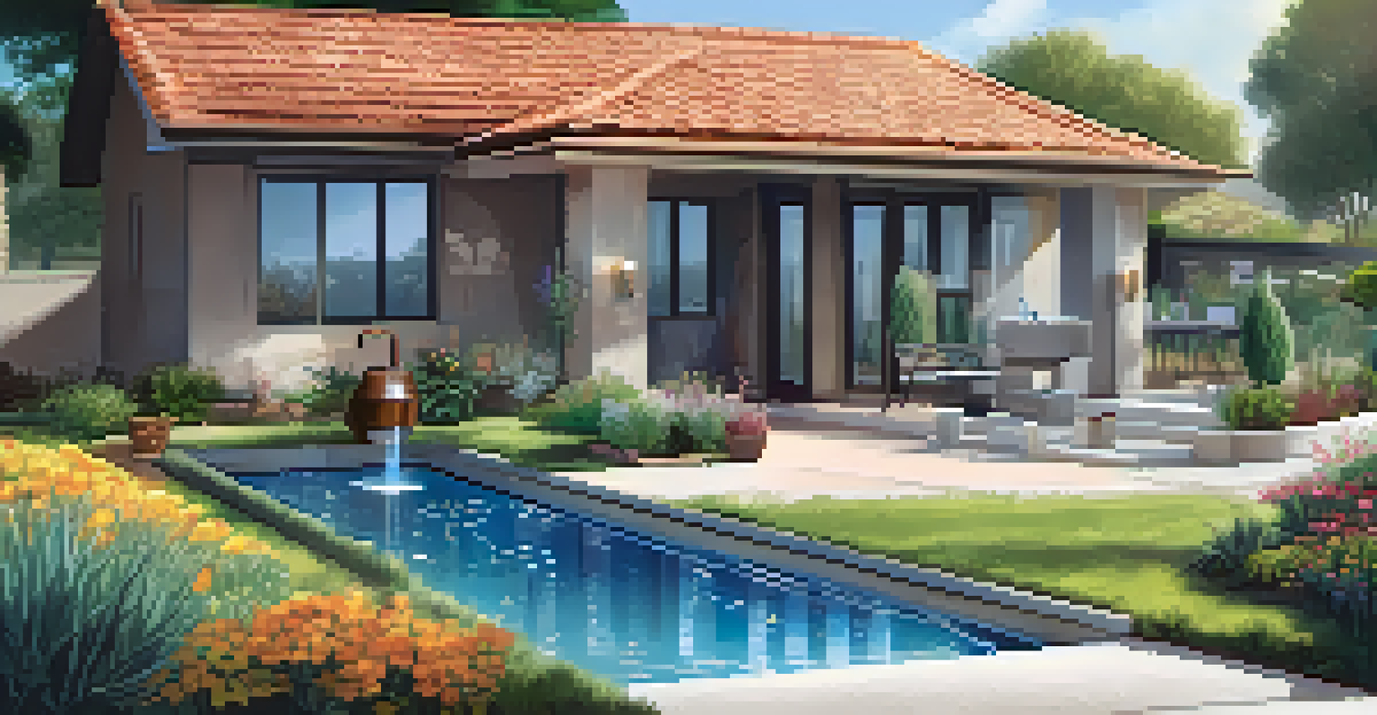 A modern home with a smart water meter and rainwater harvesting barrels, showcasing xeriscaping in the garden.