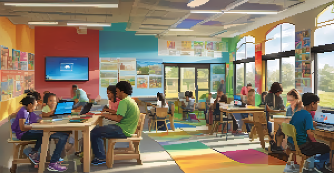 A lively community center where families are accessing the internet and participating in digital literacy classes, with colorful posters on the walls and natural light coming from large windows.