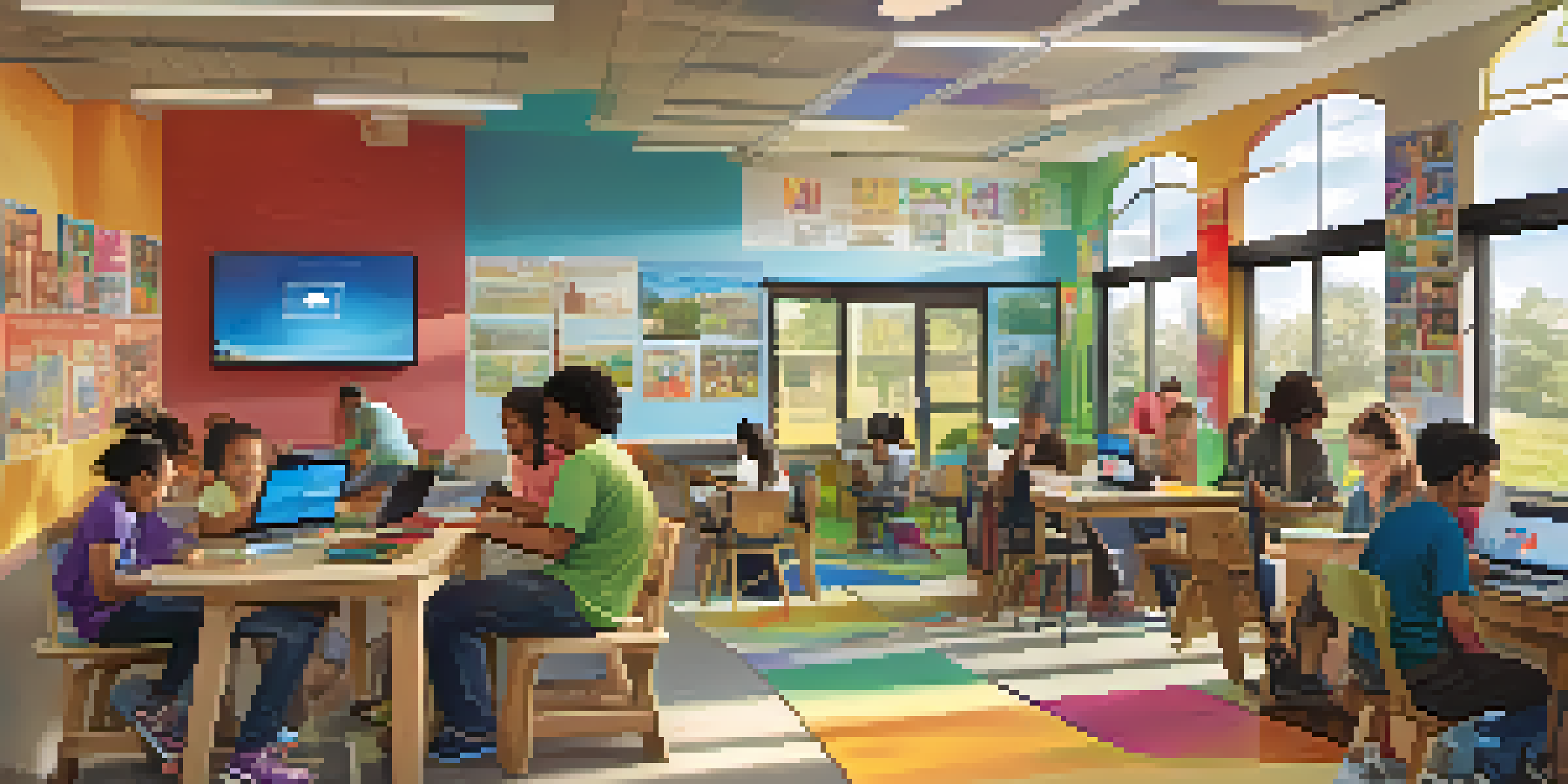 A lively community center where families are accessing the internet and participating in digital literacy classes, with colorful posters on the walls and natural light coming from large windows.