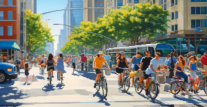 A busy San Jose street with people cycling, scooting, and using buses, surrounded by modern buildings and greenery.