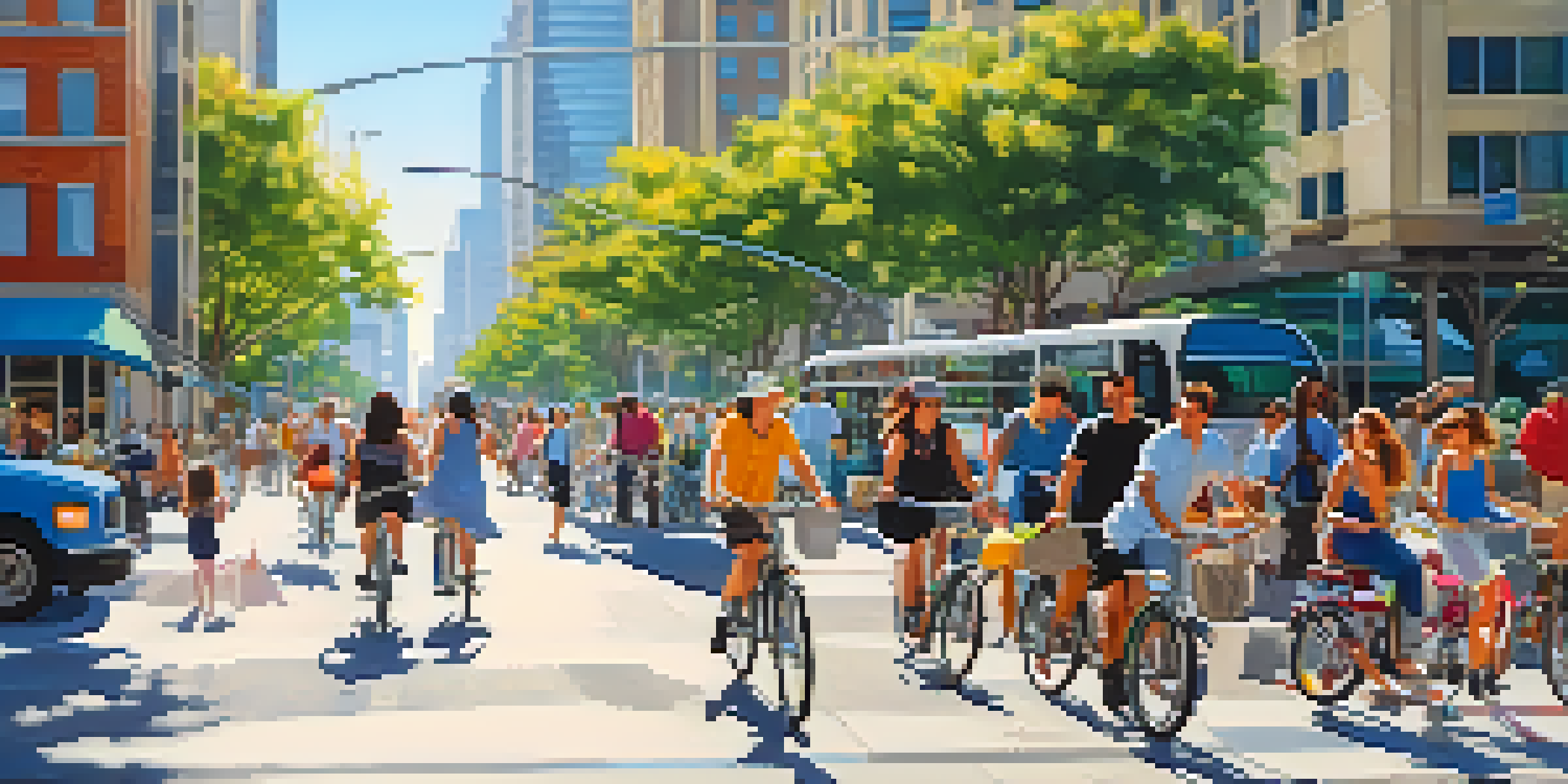 A busy San Jose street with people cycling, scooting, and using buses, surrounded by modern buildings and greenery.