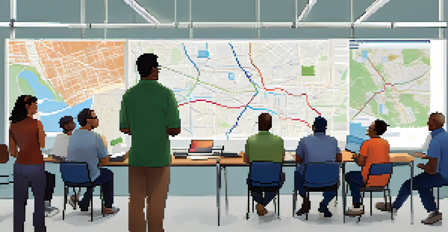A community meeting with diverse participants discussing public transit upgrades in a bright room with a map and posters.