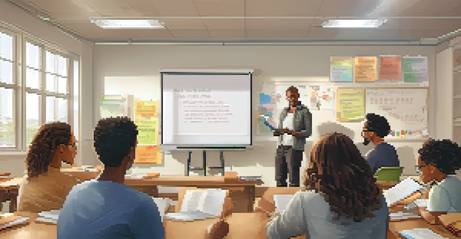 A diverse group of adults participating in an English language class, with an instructor teaching in a modern classroom.