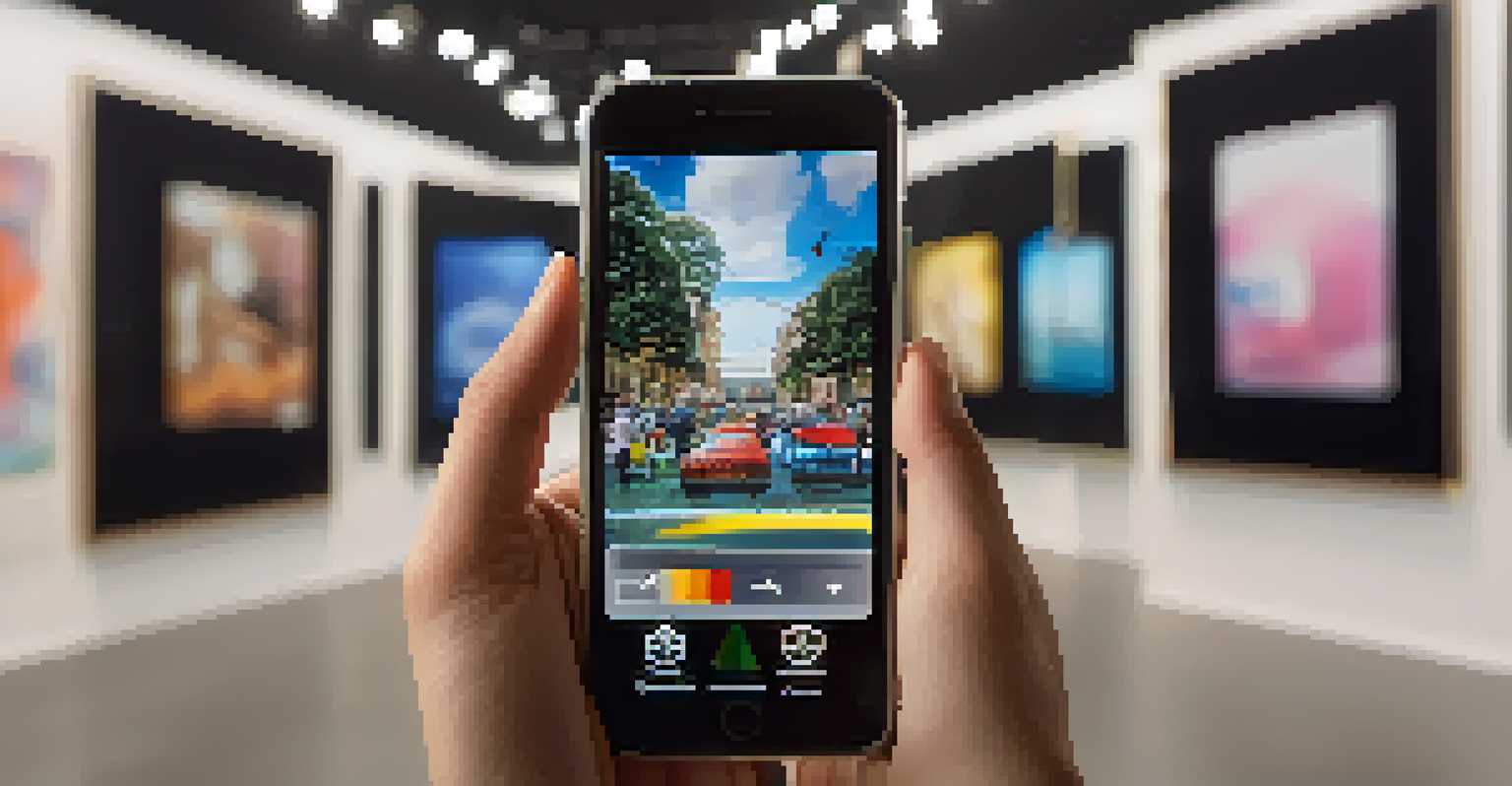 A smartphone displaying an augmented reality art application with interactive overlays, set against a blurred gallery background.