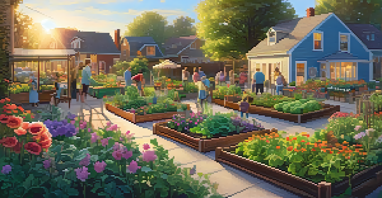 A peaceful community garden with neighbors working together on vegetable beds, surrounded by flowers and butterflies in warm evening light.