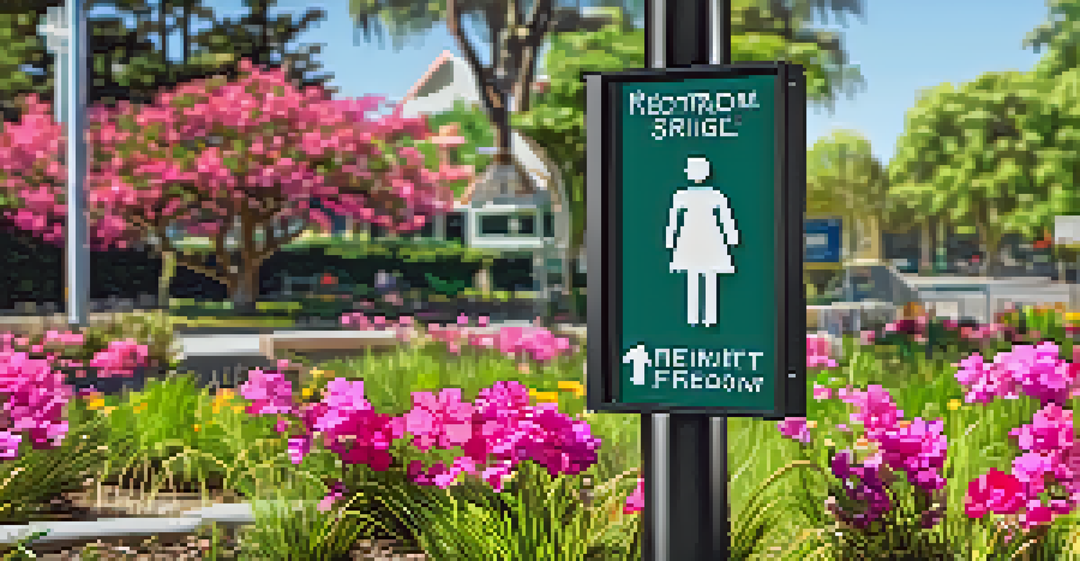A detailed view of an accessible restroom sign in a park, surrounded by vibrant flowers and greenery.