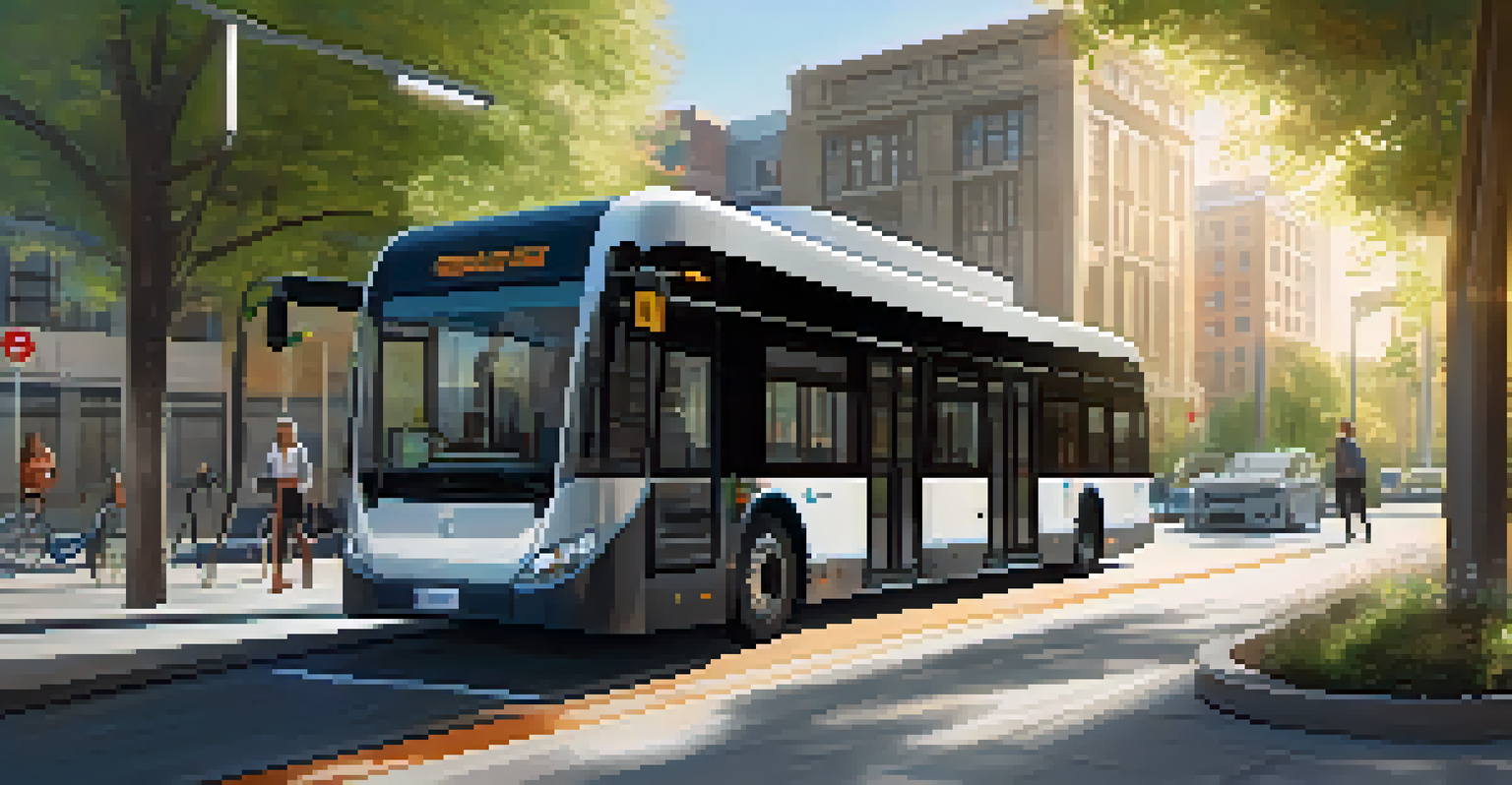 An electric bus at a modern charging station surrounded by trees and solar panels in an urban setting.