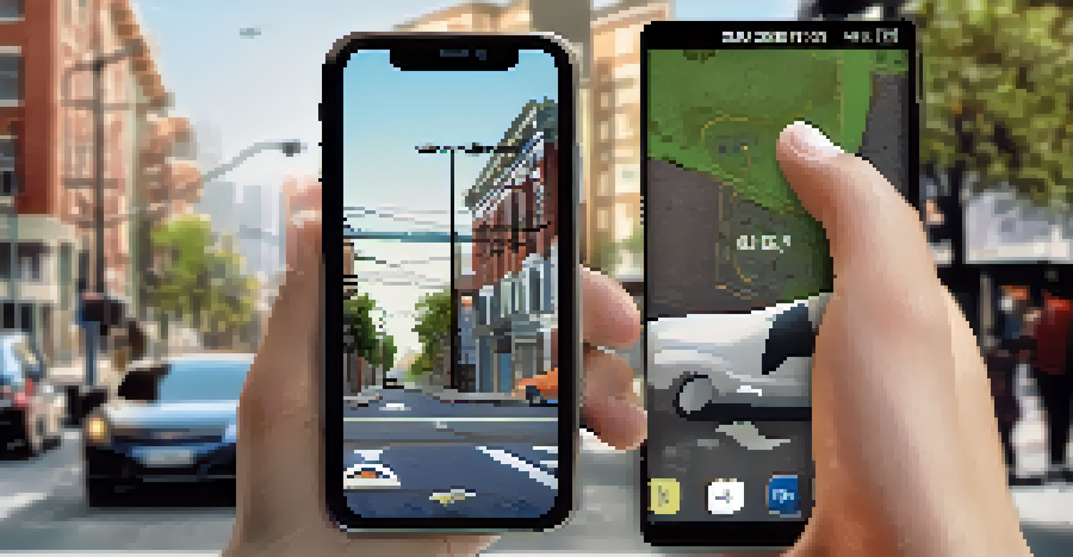 A close-up of a smartphone displaying the San Jose 311 app, with a resident in front of a busy city street.