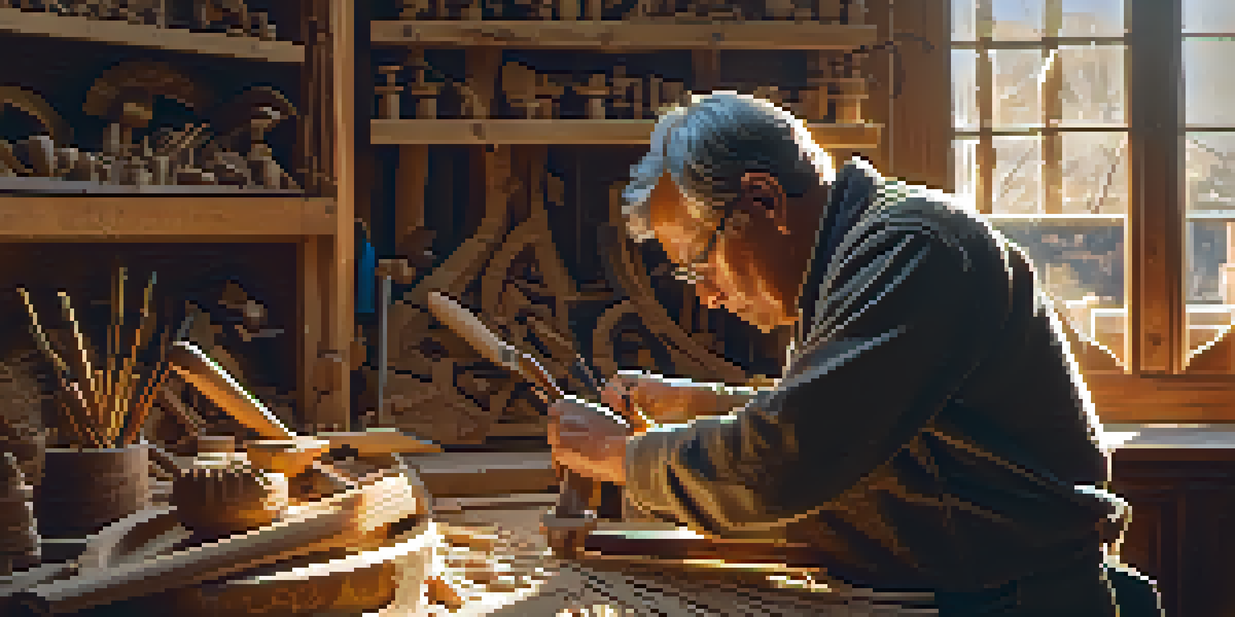 An artisan working on a wooden sculpture in a brightly lit workshop, with tools and wooden shavings around them.