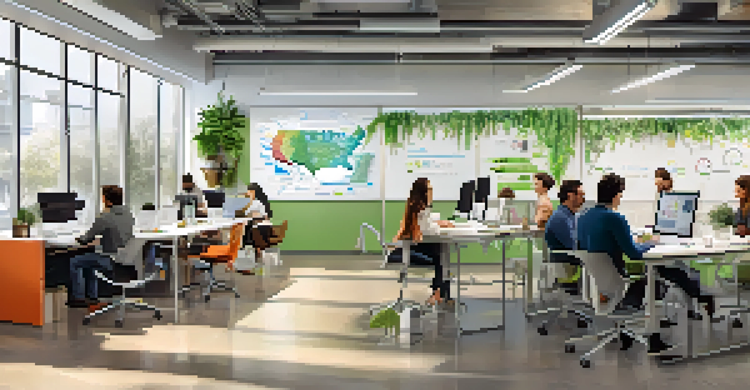 A modern startup office in San Jose with team members collaborating around a whiteboard, surrounded by natural light and modern decor.
