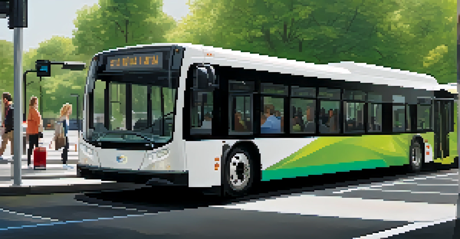Close-up of an electric bus at a transit stop with commuters, emphasizing eco-friendly features and green surroundings.