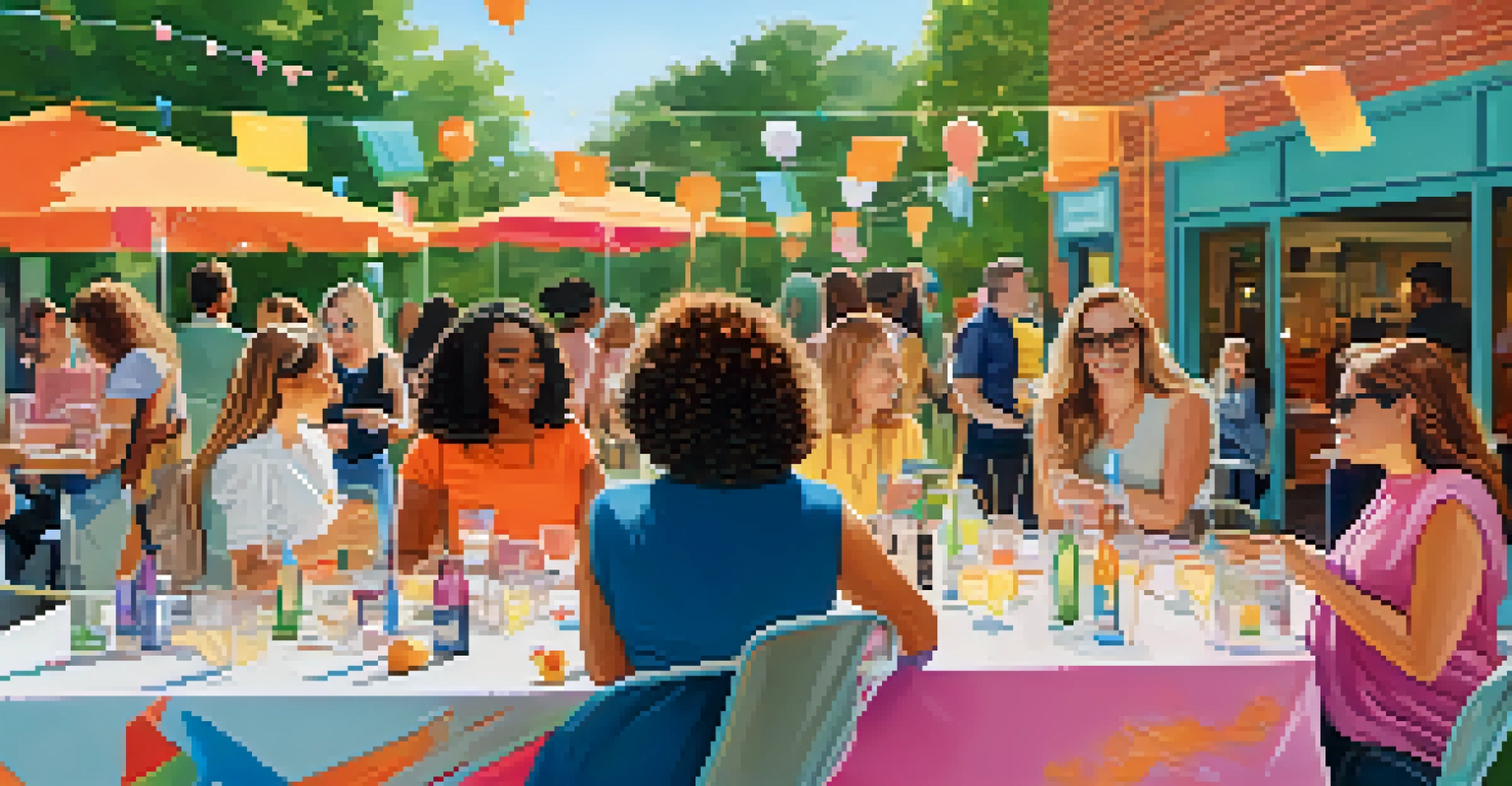 Women networking outdoors at a tech event, engaging in conversation and sharing ideas in a colorful setting.