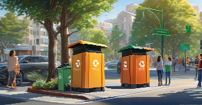 A lively street in San Jose with smart waste bins and community members recycling, surrounded by greenery and modern architecture.