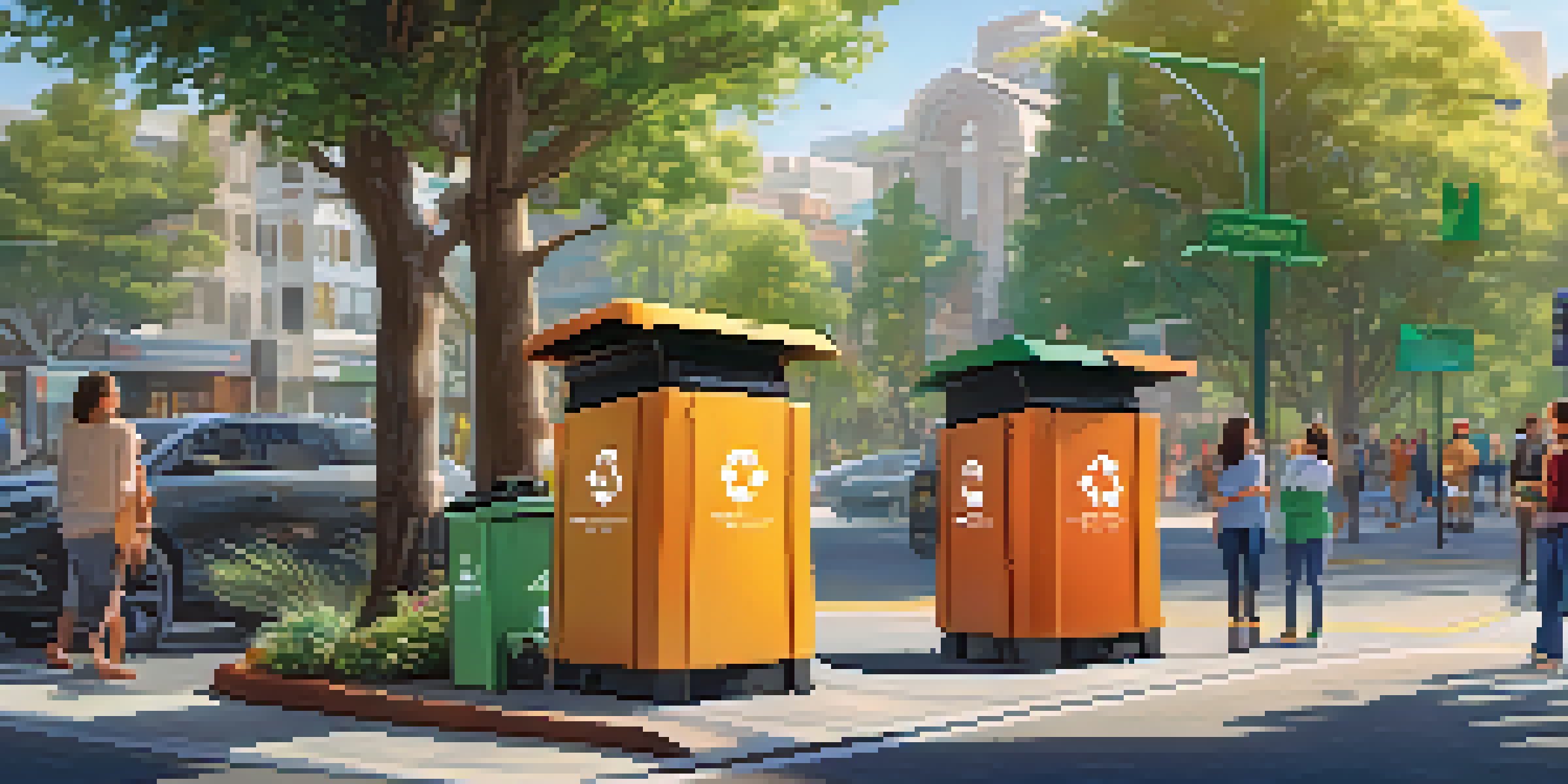 A lively street in San Jose with smart waste bins and community members recycling, surrounded by greenery and modern architecture.