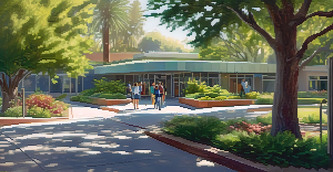 A mental health crisis center in San Jose with a welcoming entrance surrounded by greenery, showing diverse individuals entering and exiting, creating a calm and supportive atmosphere.