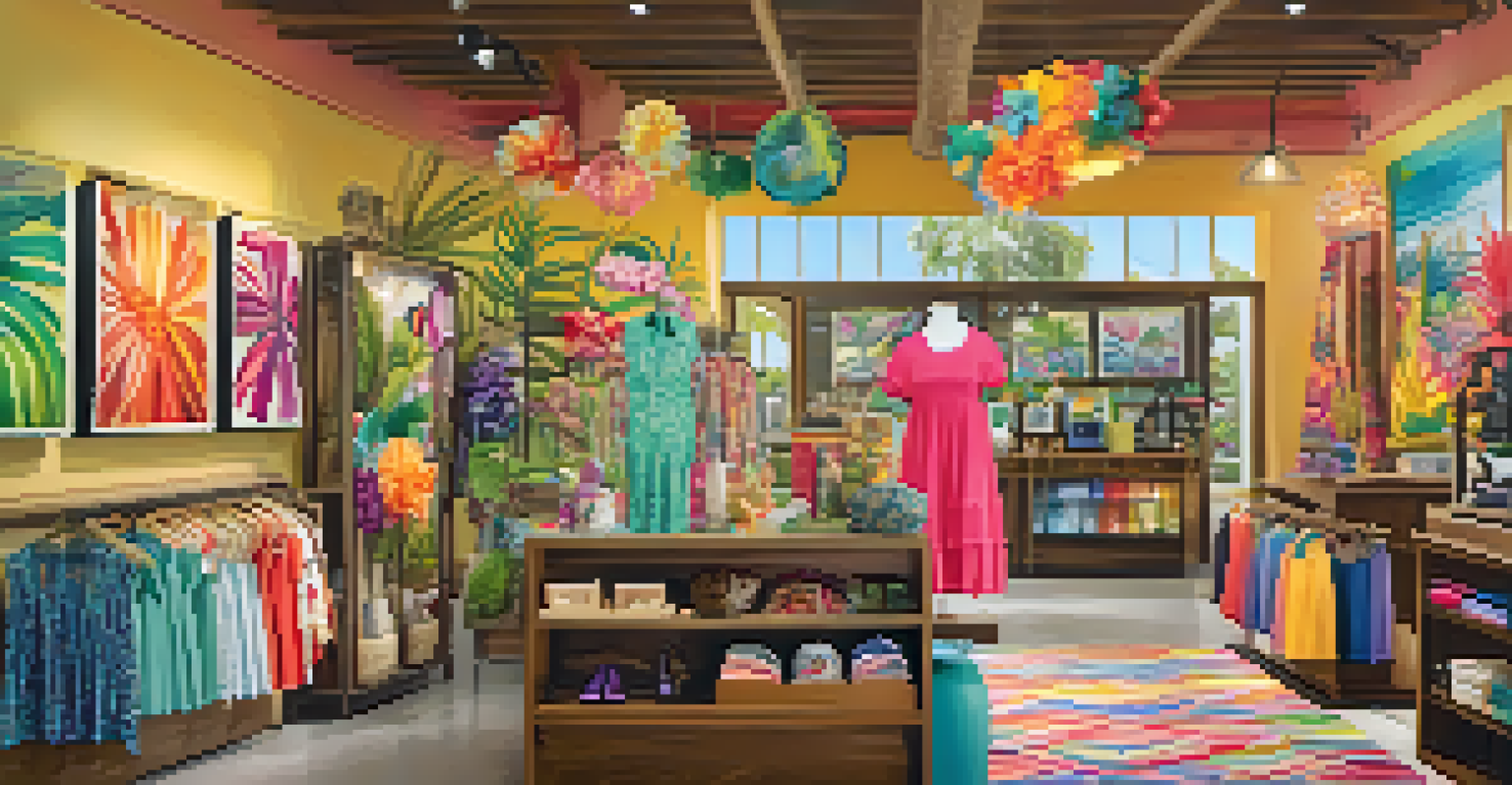 A tropical boutique filled with colorful island-inspired clothing and cheerful decor, with a staff member assisting a customer.