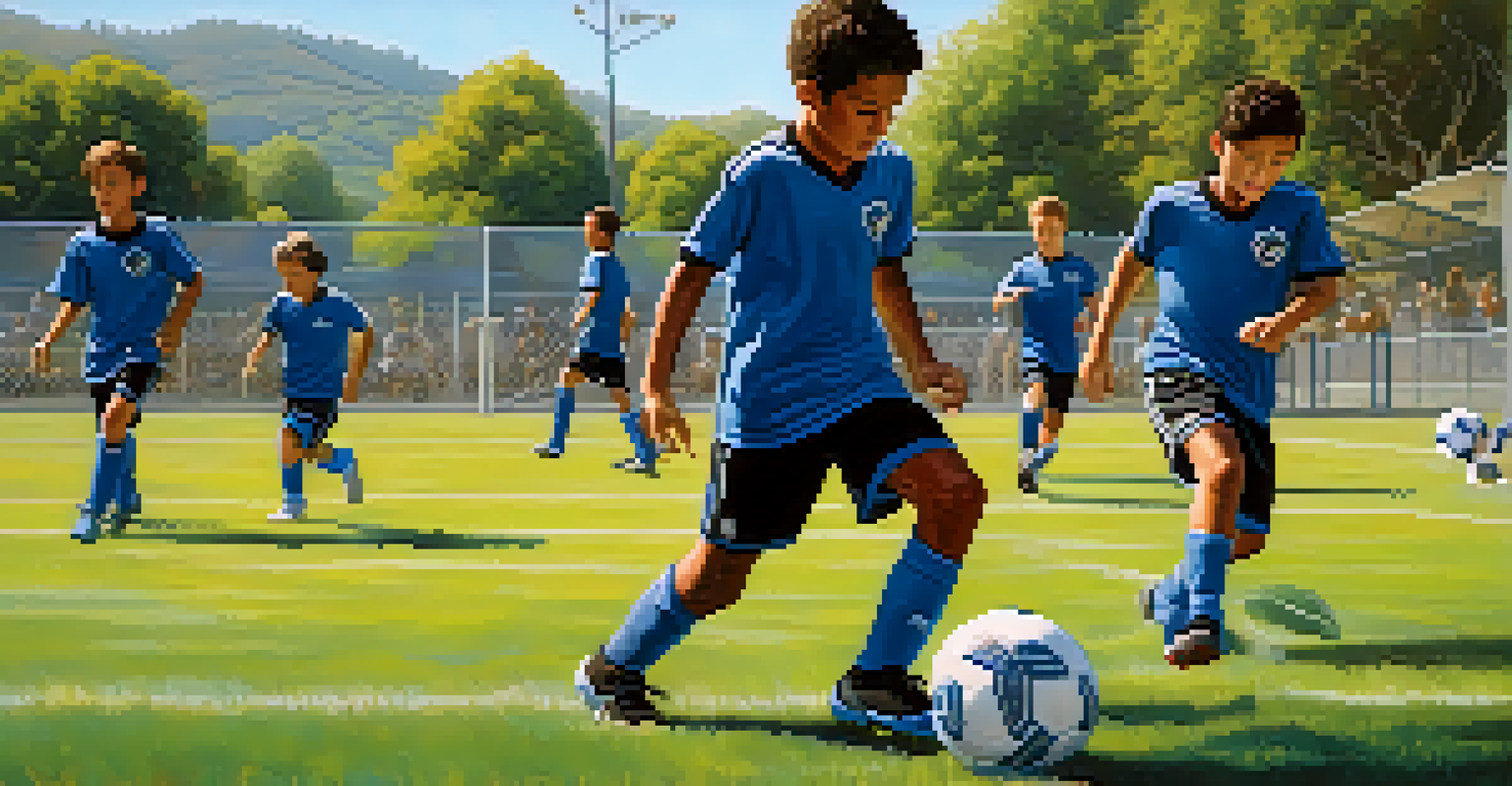 Young soccer players from the Earthquakes youth academy practicing on a vibrant green field, surrounded by trees and hills.