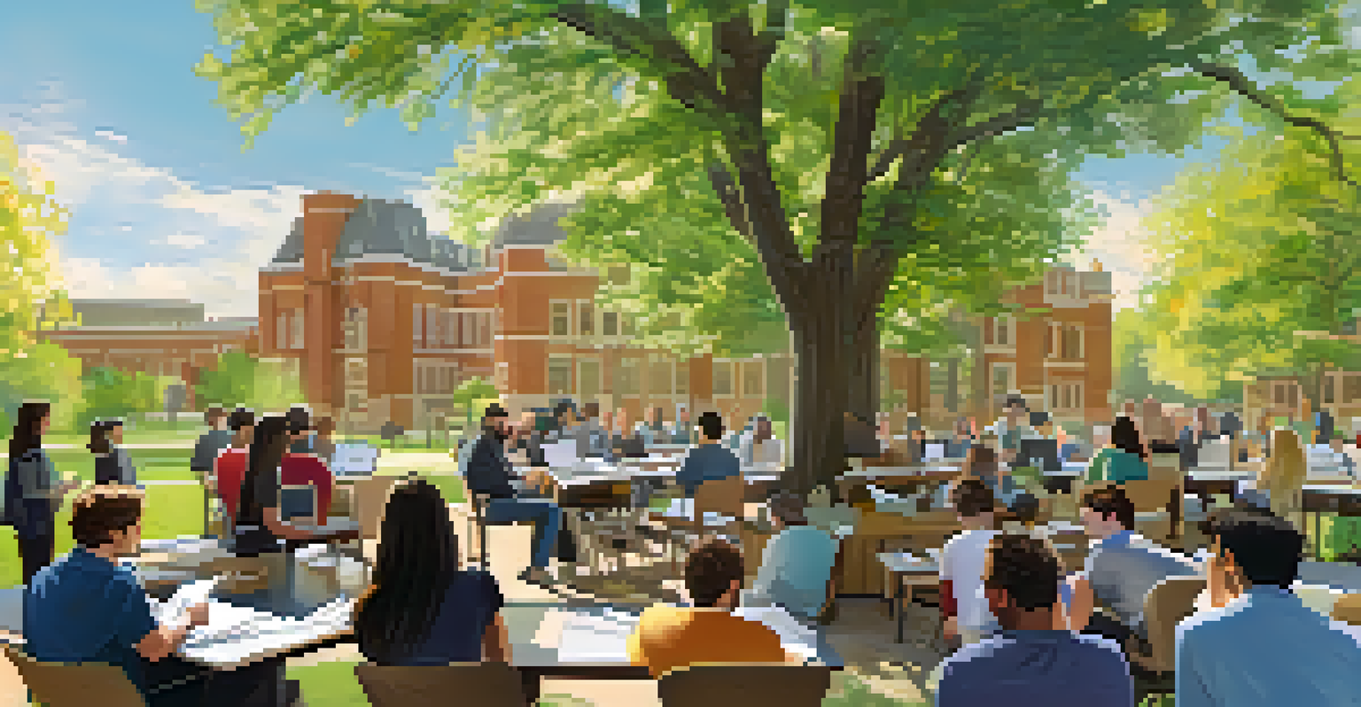 A group of students and faculty collaborating outdoors, with a table full of research materials and a sunny campus background.