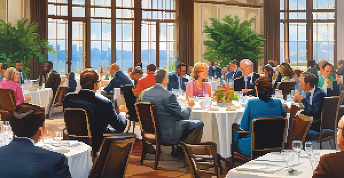 A lively networking luncheon with diverse business professionals conversing at elegantly set tables in a bright banquet hall.