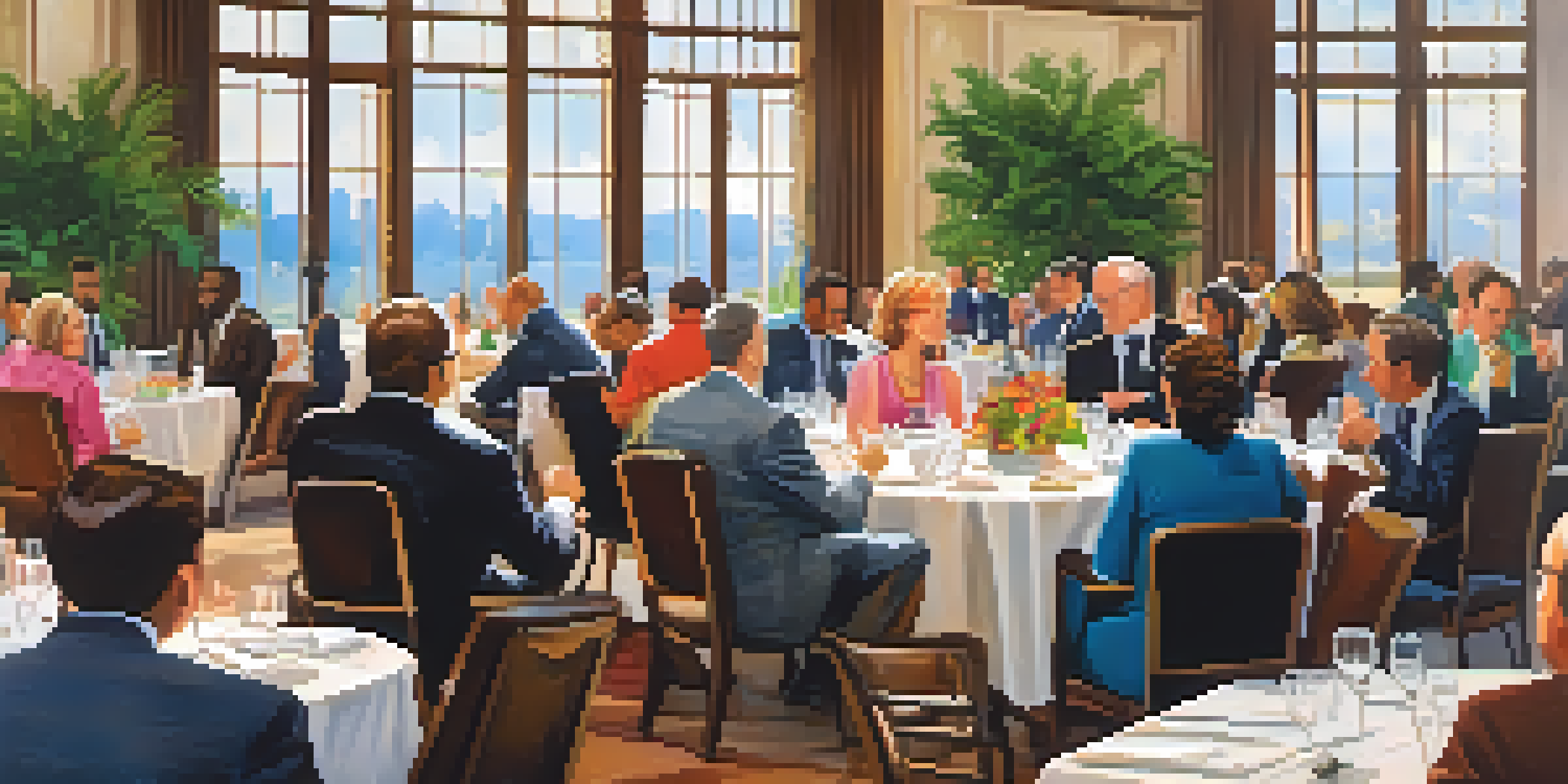A lively networking luncheon with diverse business professionals conversing at elegantly set tables in a bright banquet hall.